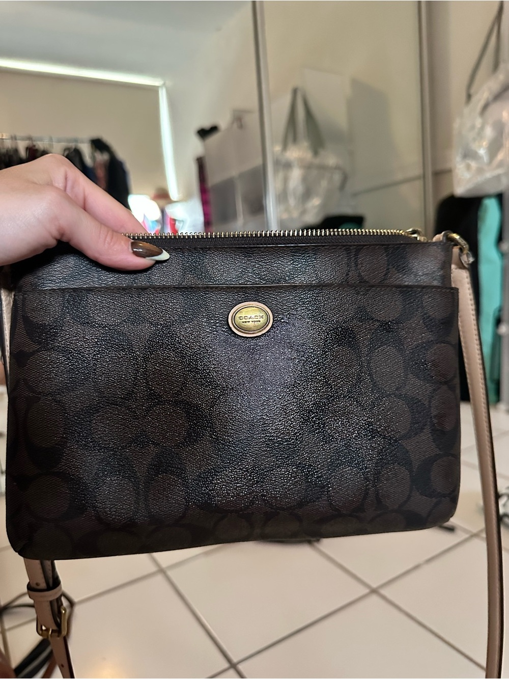 Coach Dark Brown Signature Crossbody with Tan Strap